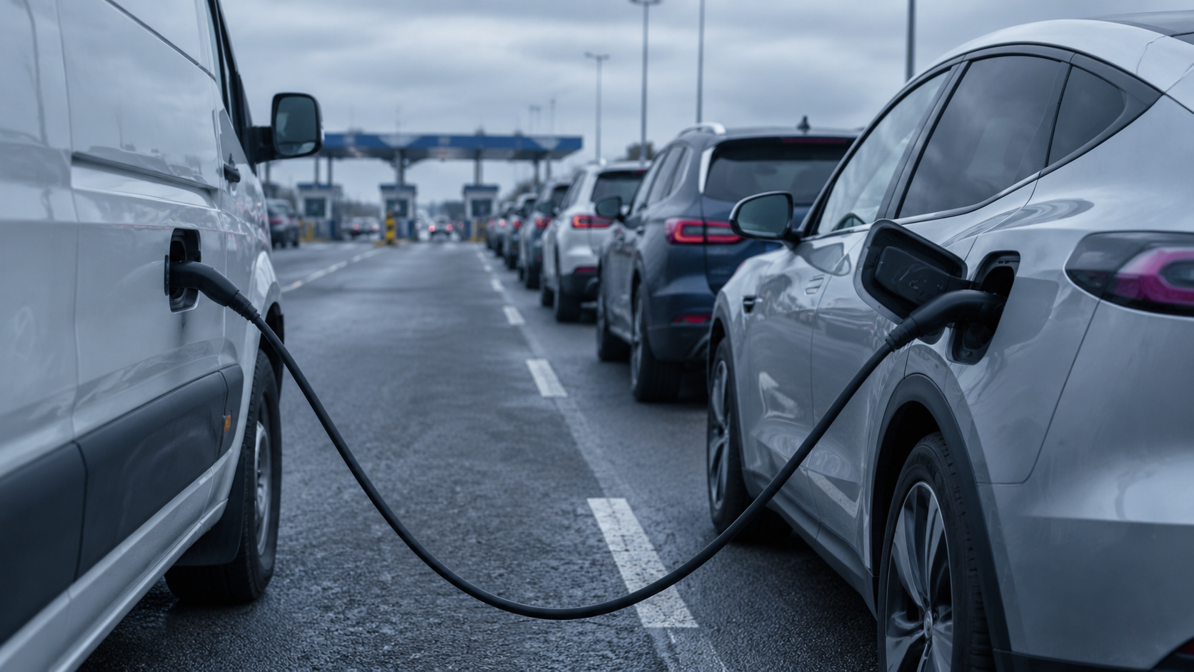 Kabel ładowarki poprowadzony wzdłuż samochodu stojącego na poboczu w kolejce do granicy