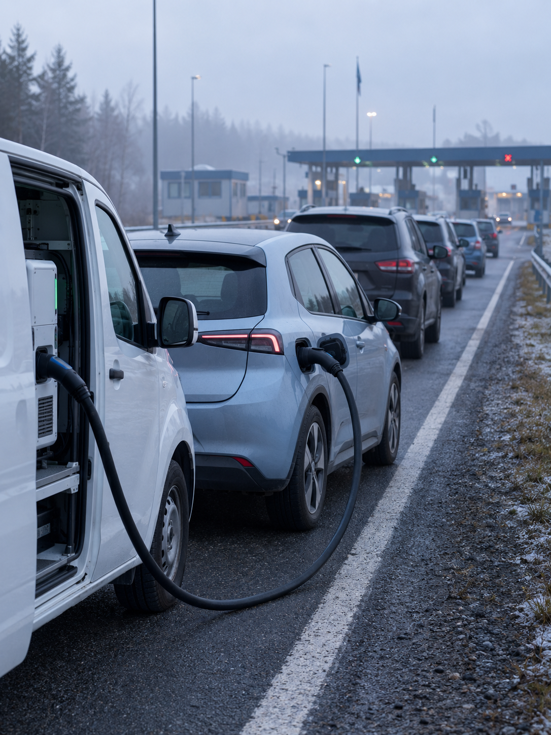 Mobilna ładowarka podłączona do samochodu elektrycznego stojącego w kolejce do przejścia granicznego