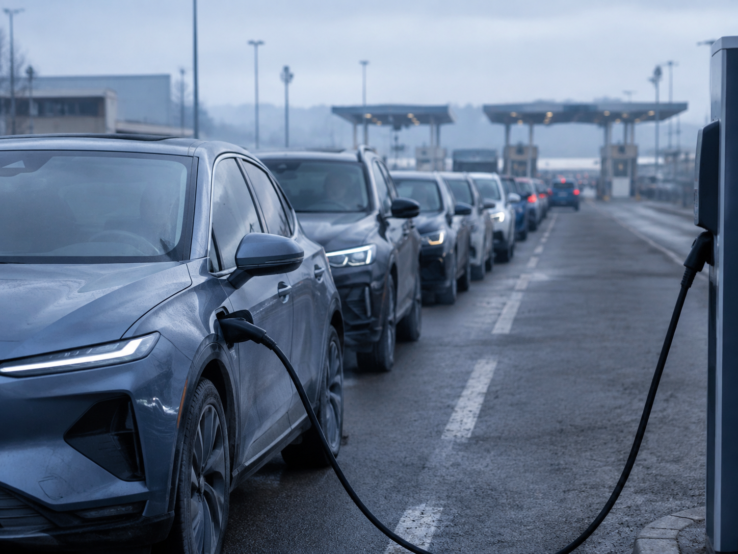 Samochód elektryczny z podłączonym kablem stojący w kolejce aut osobowych przed przejściem granicznym