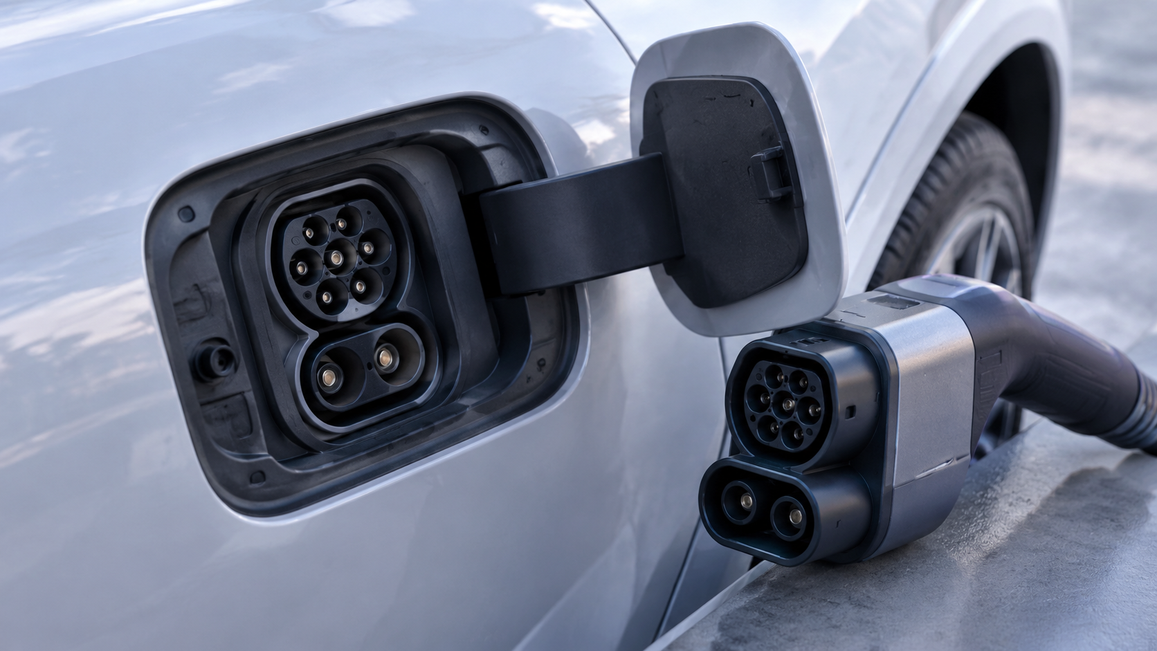 Otwarte gniazdo ładowania CCS2 w samochodzie elektrycznym z widoczną częścią Typ 2 u góry