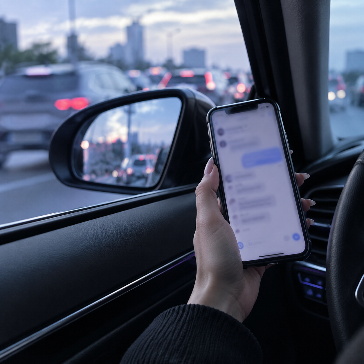 Telefon z otwartą wiadomością trzymany przy uchylonej szybie samochodu
